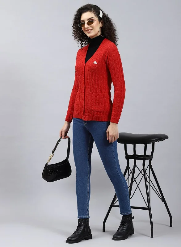 Women Red Self Design Wool blend Cardigan