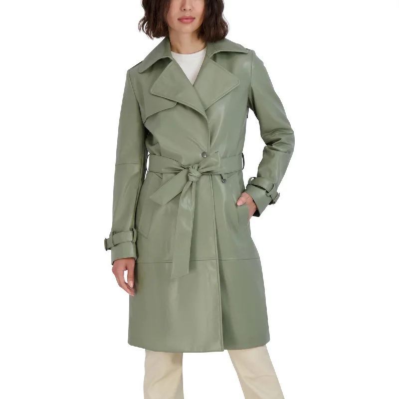 Tahari Womens Faux Leather Cold Weather Trench Coat