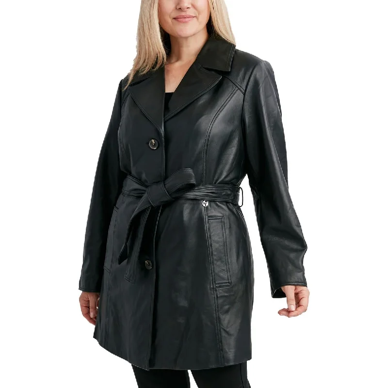 Tahari Womens Plus Leather Long Trench Coat