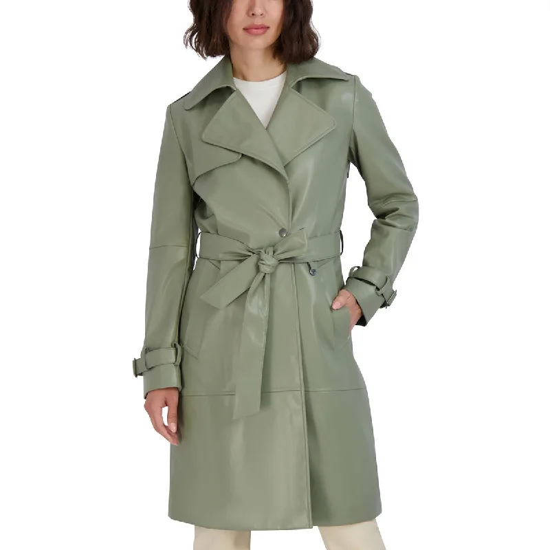 Tahari Womens Vegan Leather Belted Trench Coat