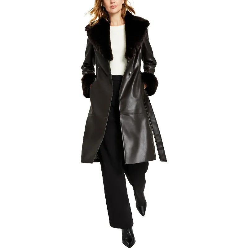 Via Spiga Womens Faux Leather Midi Trench Coat