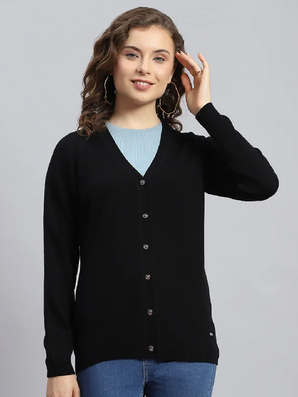 Women Black Solid V Neck Full Sleeve Cardigans