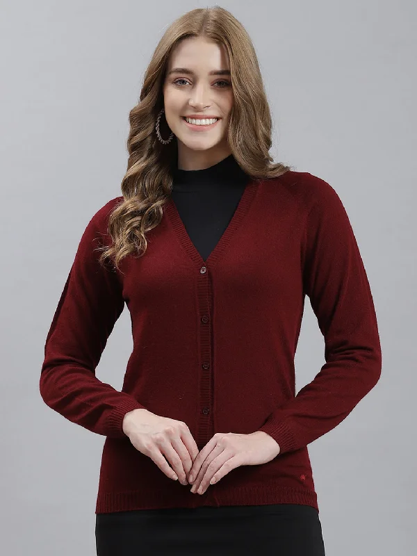 Women Maroon Solid Cardigan