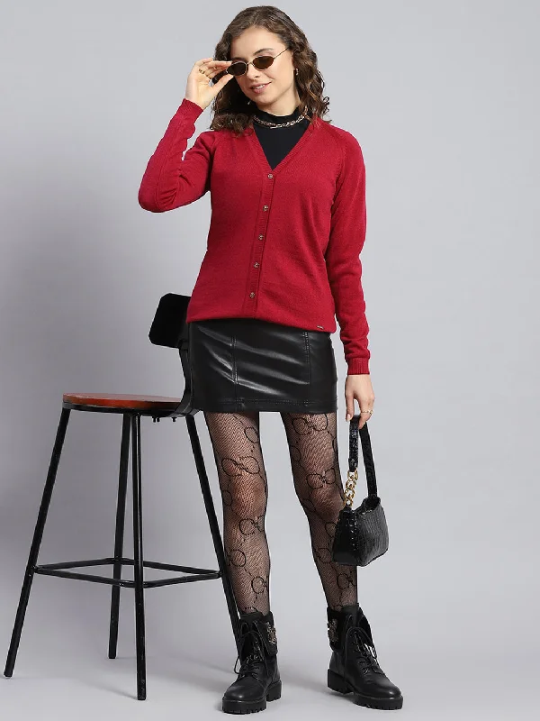 Women Red Solid V Neck Full Sleeve Cardigans