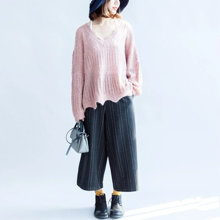 autumn  new cotton knit tops ruffles oversize v neck sweaters