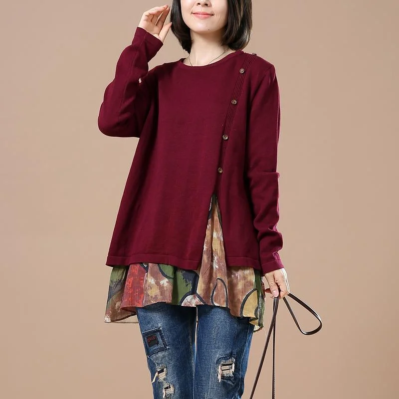 Burgundy layered sweaters oversize knit tops