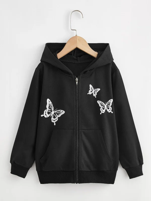 Butterfly print zip-up hoodie oversized