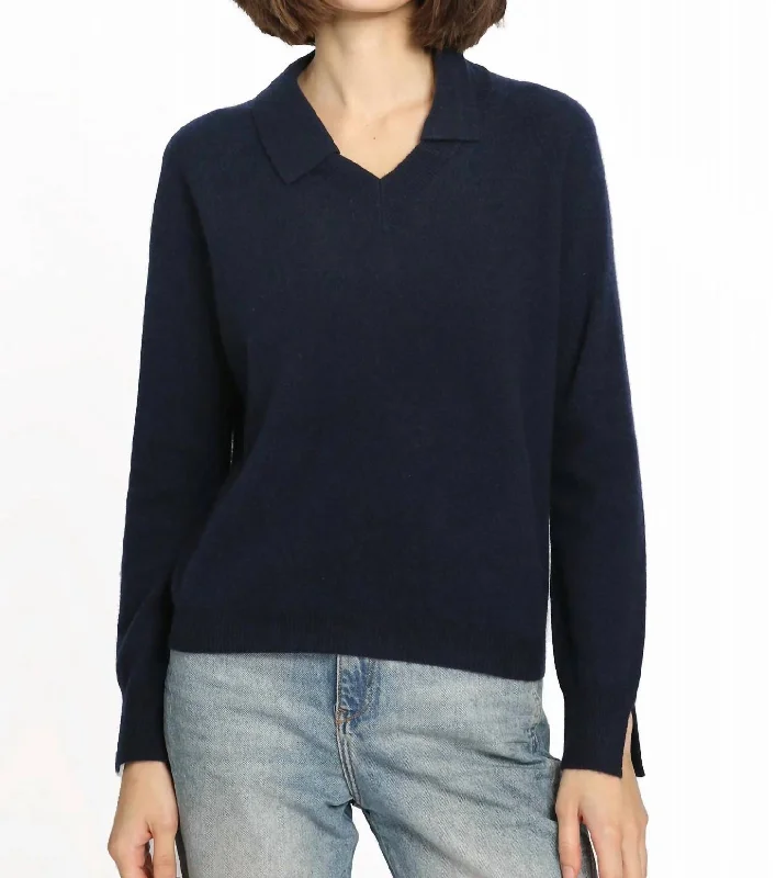 Cashmere V-Neck Pullover Wth Collar In Navy