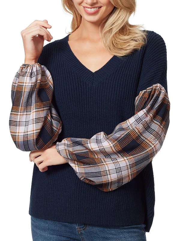 Emmeline Womens Plaid V-Neck Pullover Sweater