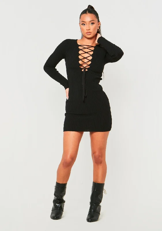 Janette Black Knitted Mini Dress With Tie Front