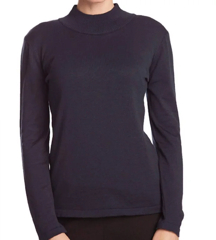 Long Sleeve Mock Neck Pullover In Navy