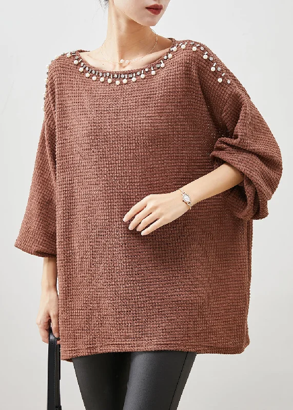 Modern Brown Oversized Nail Bead Knit Top Spring