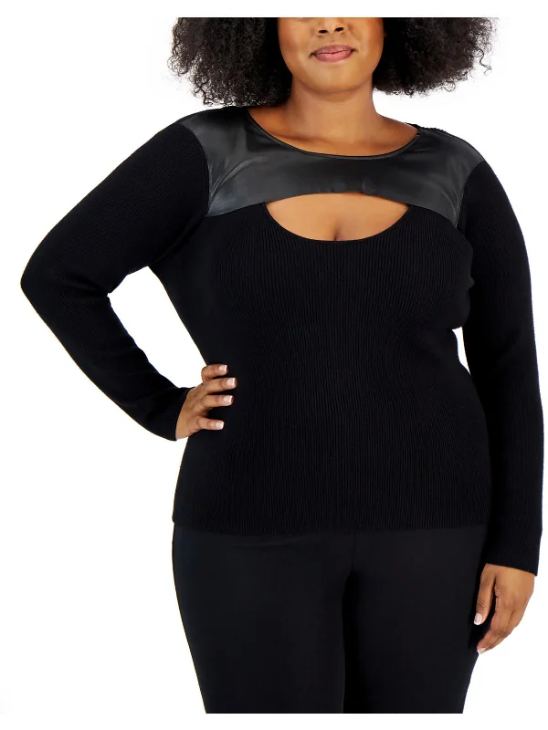 Plus Womens Cut-Out Ribbed Pullover Sweater