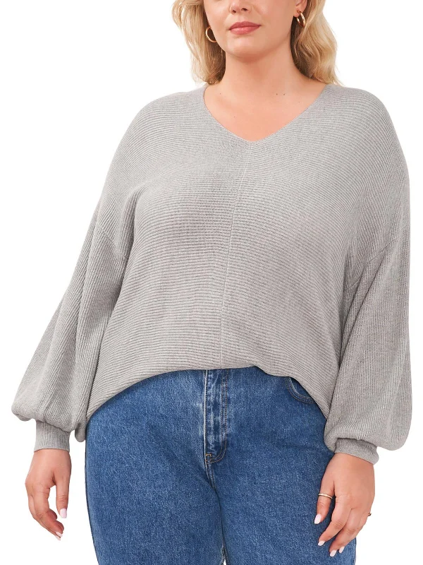 Plus Womens V-Neck Bubble Sleeve Pullover Sweater