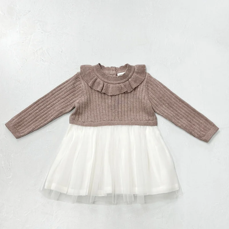 Ruffle Neck Sweater Knit Top & Tutu Baby Dress (Organic Cotton) - Cafe Latte