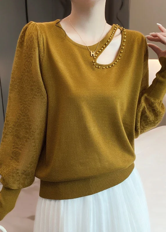 Unique Earth Yellow Hollow Out Nail Bead Wool Knit Top Long Sleeve