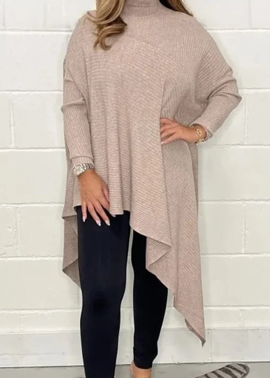 Unique Khaki Hign Neck Asymmetrical Knit Top Fall