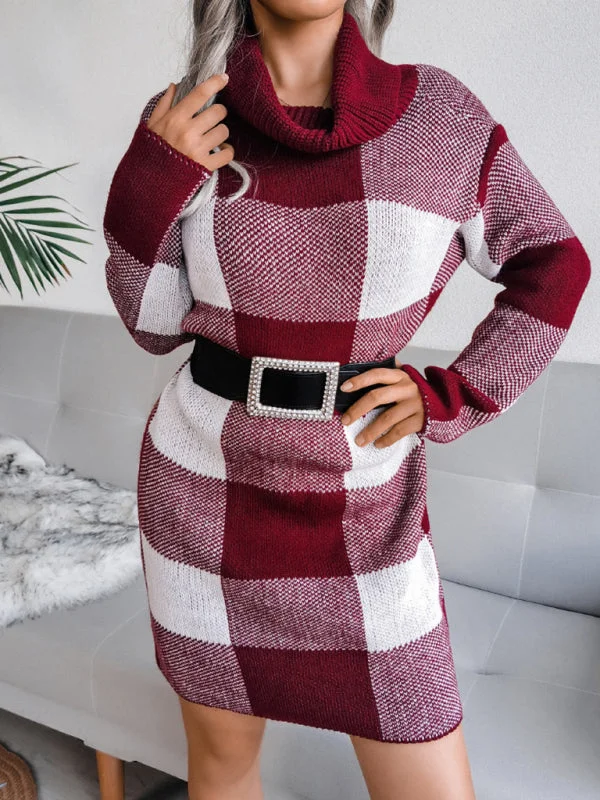 Blue Zone Planet |  Women's casual Plaid high collar wool dress knitted dress