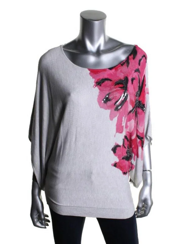 Womens Sequined Floral Print Pullover Sweater