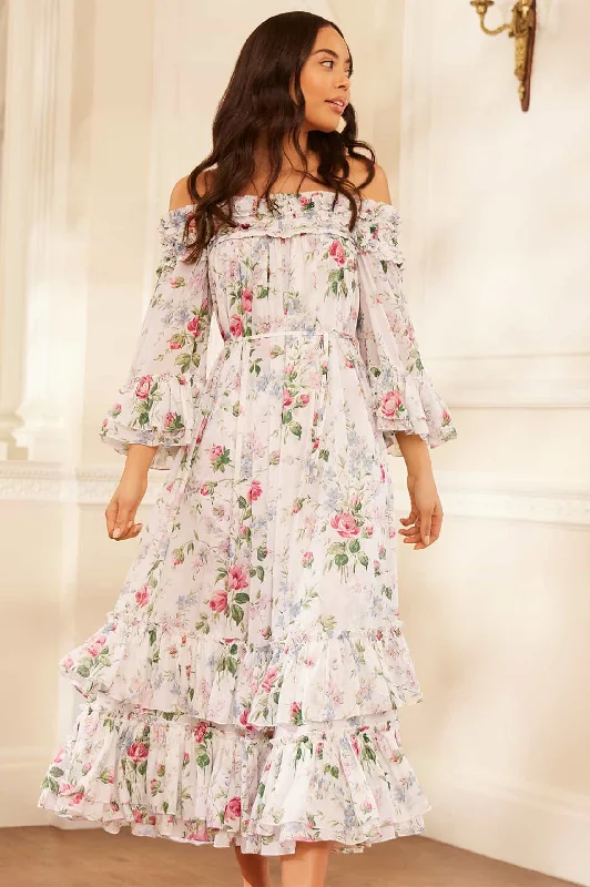 Floral Fantasy Chiffon Off-Shoulder Ankle Gown