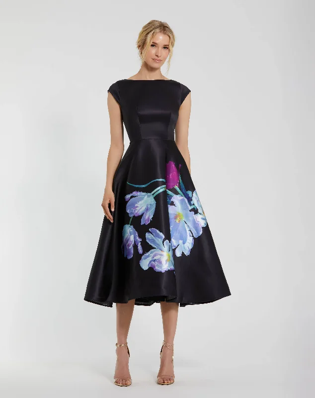 Satin Cap Sleeve Midi Dress With Floral Print