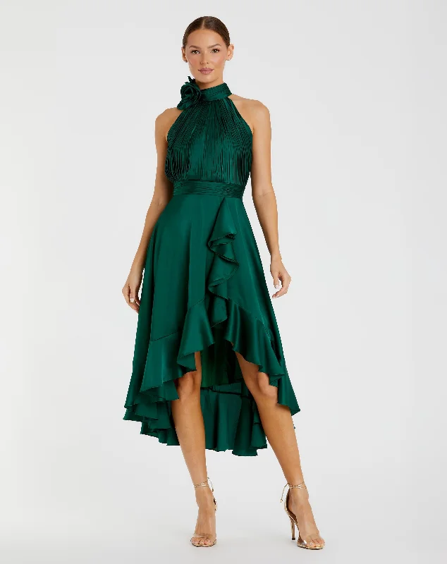 Green Halter Neck Flower Detail Ruffled Midi Dress