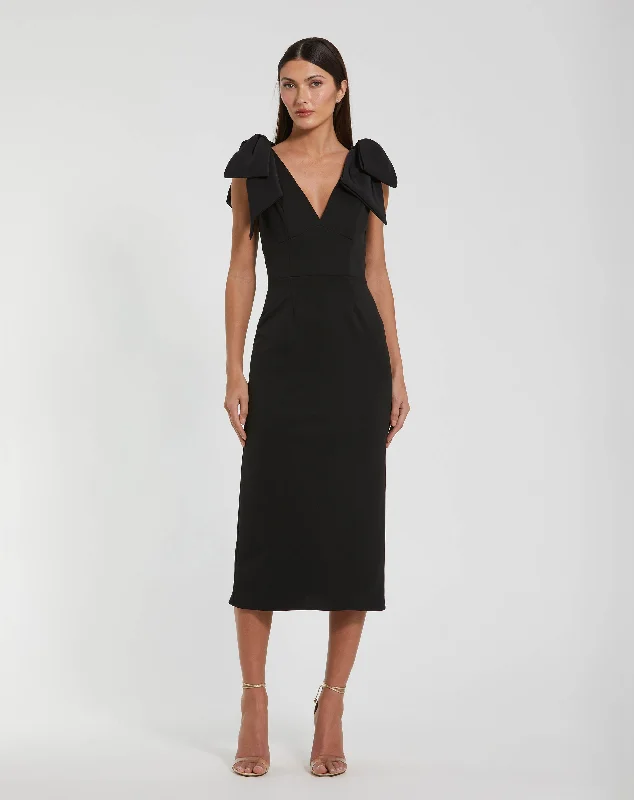 Bow Strap Crepe Fitted Midi Dress