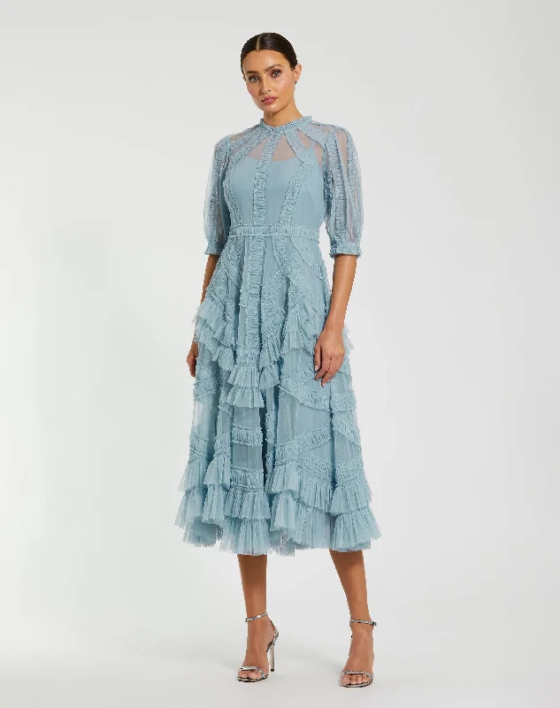 Light Blue High Neck Micro Ruffle Tiered Midi Dress