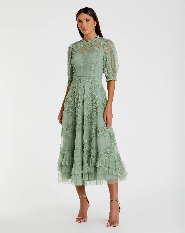 Green High Neck Micro Ruffle Tiered Midi Dress