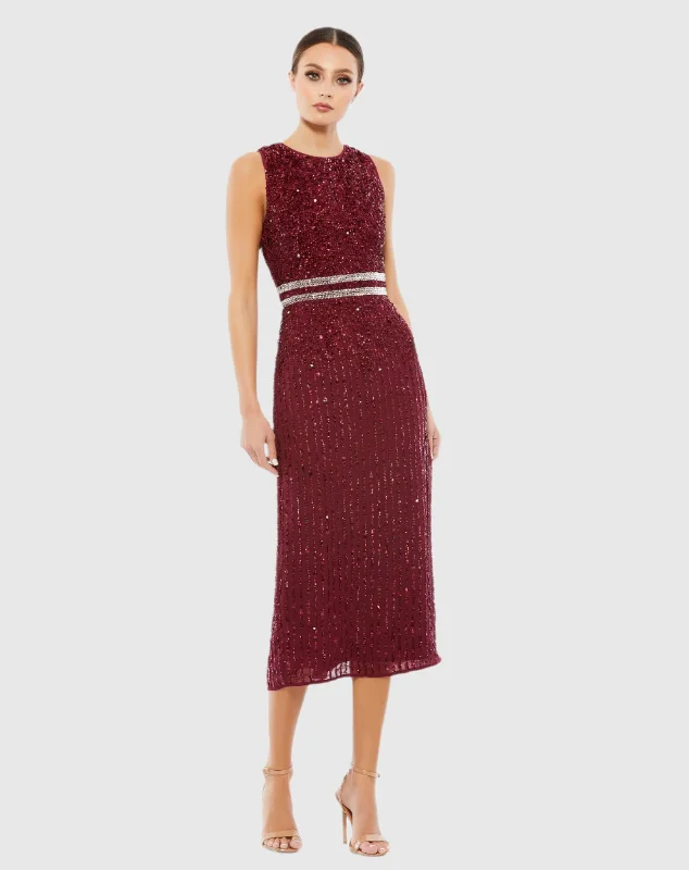 Dark Red Sleeveless High Neck Beaded Midi Sheath Dress