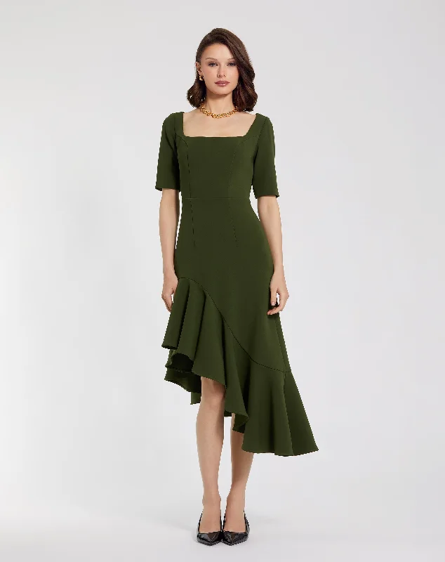 Crepe 3/4 Sleeve Asymmetrical Hem Dress