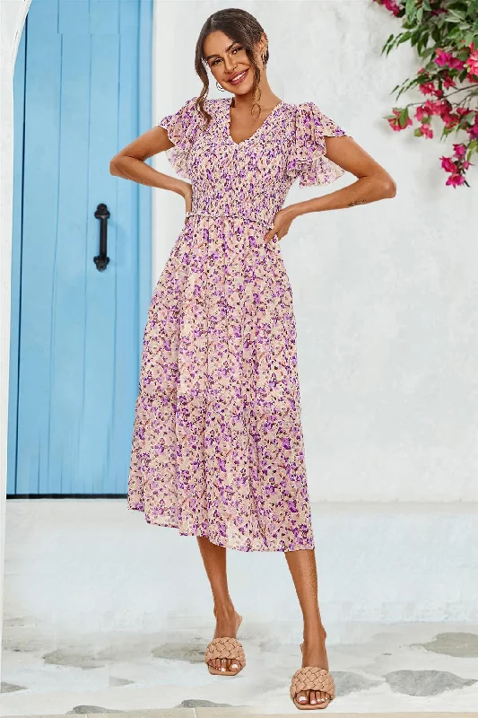 Floral Print Angel Sleeve Midi Dress In Purple