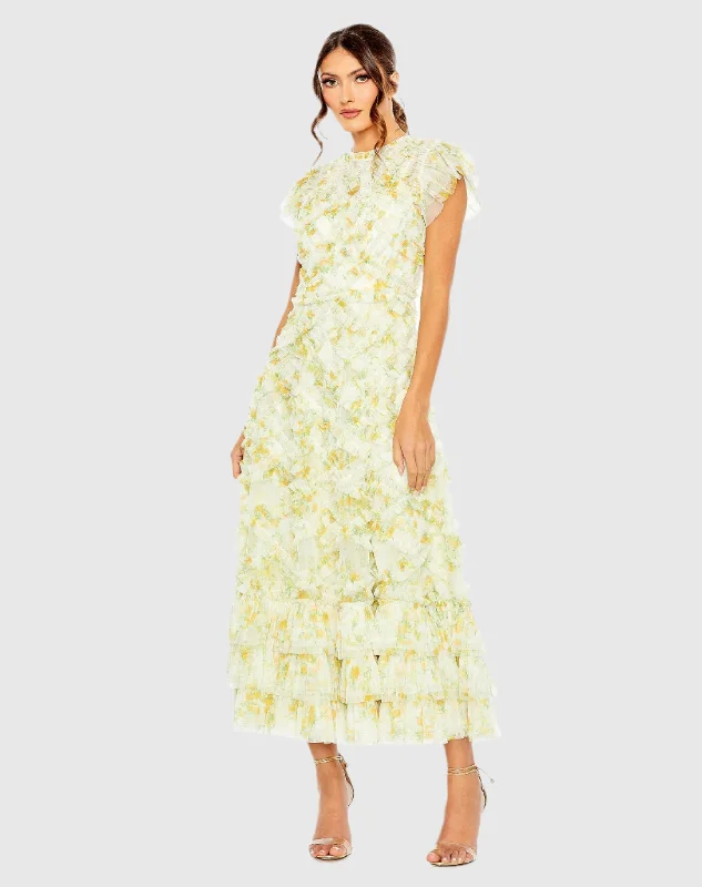 Yellow High Neck Ruffle Cap Sleeve Floral Dress