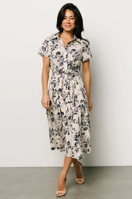 Lorna Midi Dress | Beige + Navy Print