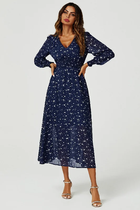 Silver Star Foil Long Sleeve Maxi Dress In Navy