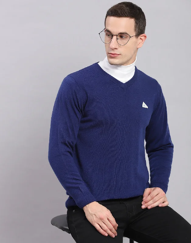 Men's Sweaters with Cuffed Sleeves for a Neat Finish Men Blue Solid V Neck Full Sleeve Pullover Men's Sweaters with Cuffed Sleeves for a Neat Finish Men Blue Solid V Neck Full Sleeve Pullover