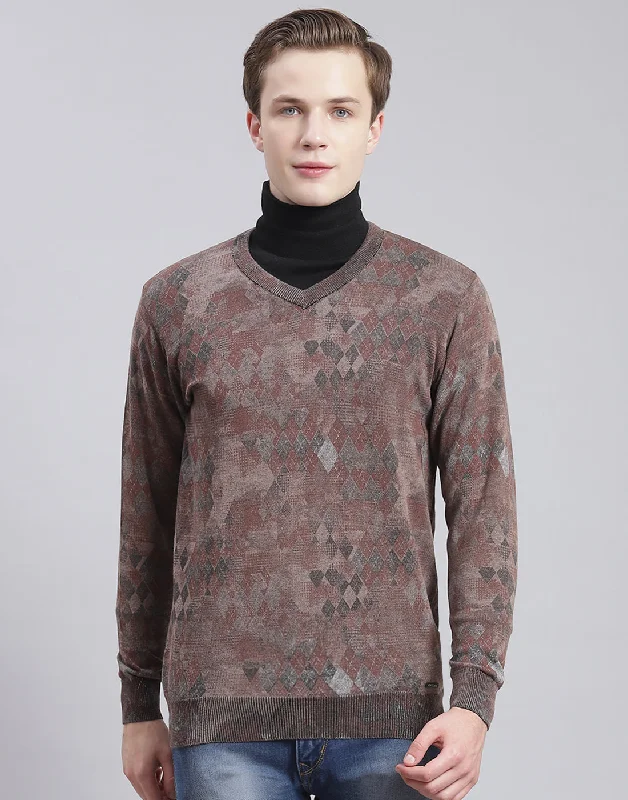 Men's Sweaters with Boat Neck for a Unique Style Men Brown Self Design V Neck Full Sleeve Sweater Men's Sweaters with Boat Neck for a Unique Style Men Brown Self Design V Neck Full Sleeve Sweater