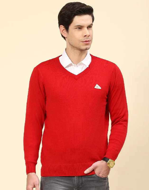Men's Sweaters with Short Sleeves for Warmer Days Men Red Solid V Neck Full Sleeve Pullover Men's Sweaters with Short Sleeves for Warmer Days Men Red Solid V Neck Full Sleeve Pullover